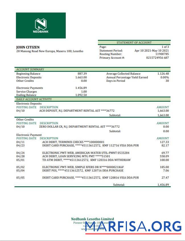 Printable Lesotho Nedbank statement word example